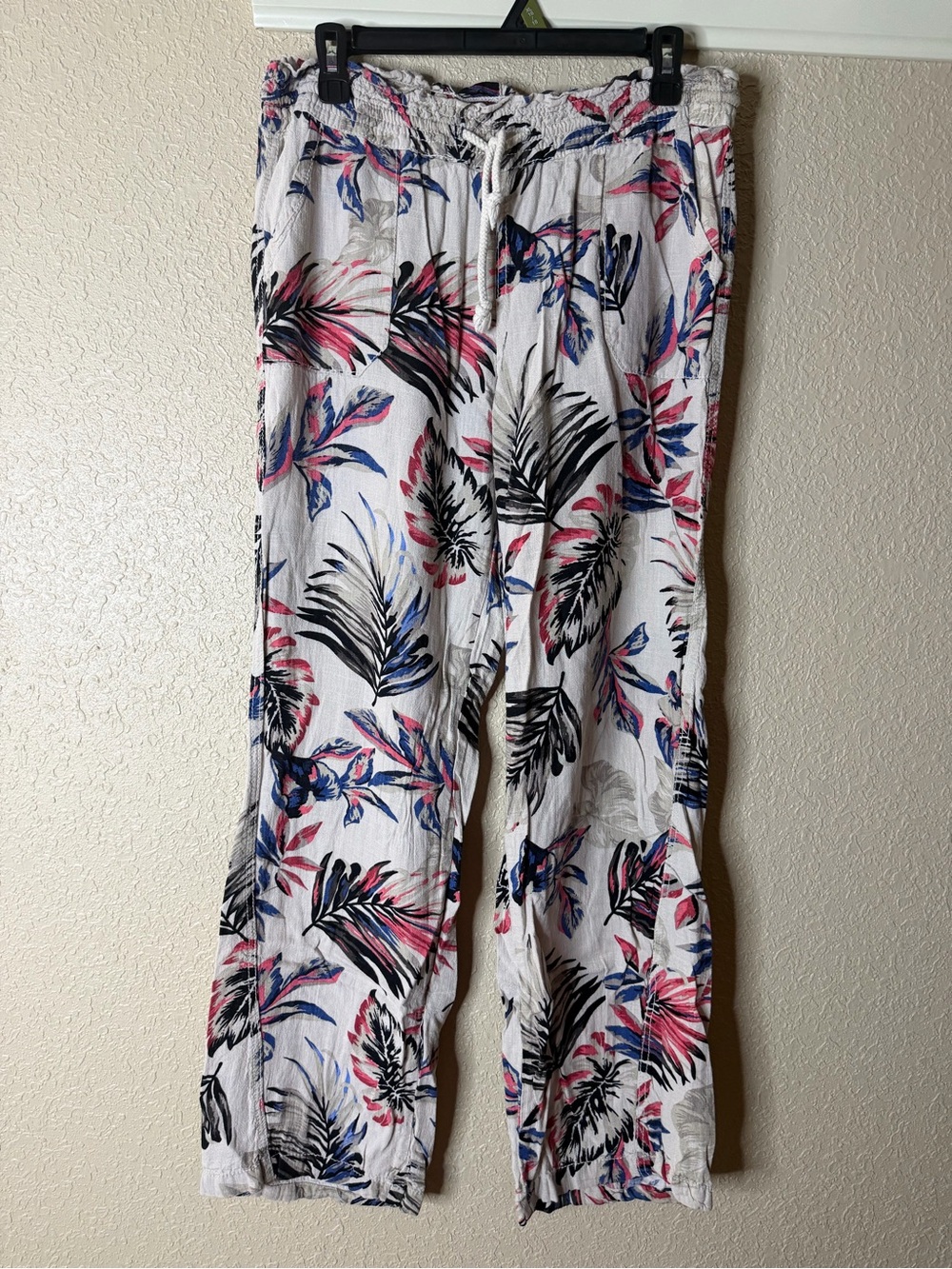 Tropical Print White Wide-Leg Drawstring Pants